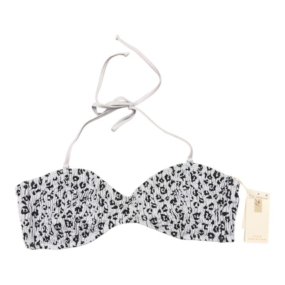 Good American Smocked Halter Bikini Top Glass Leopard Black White 2XL 3XL